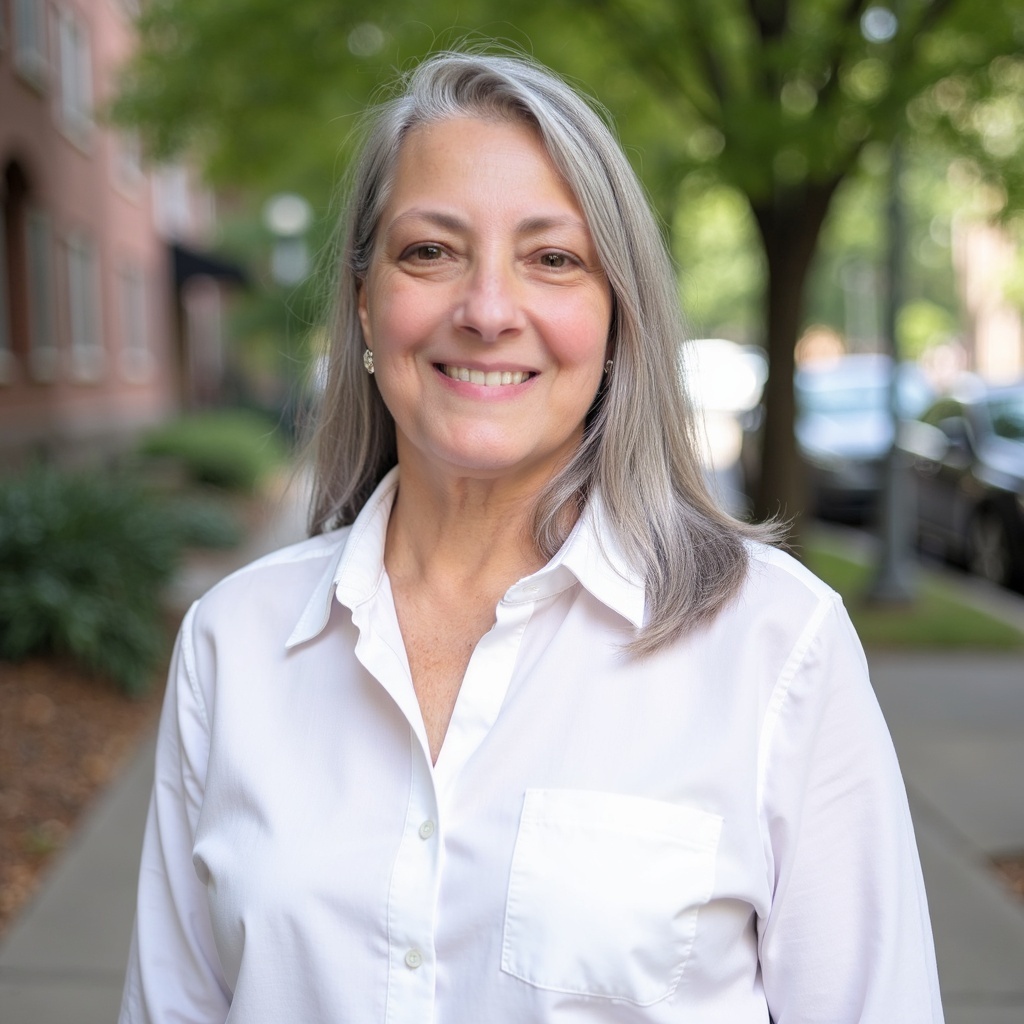 Smiling woman with long gray hair in white blouse